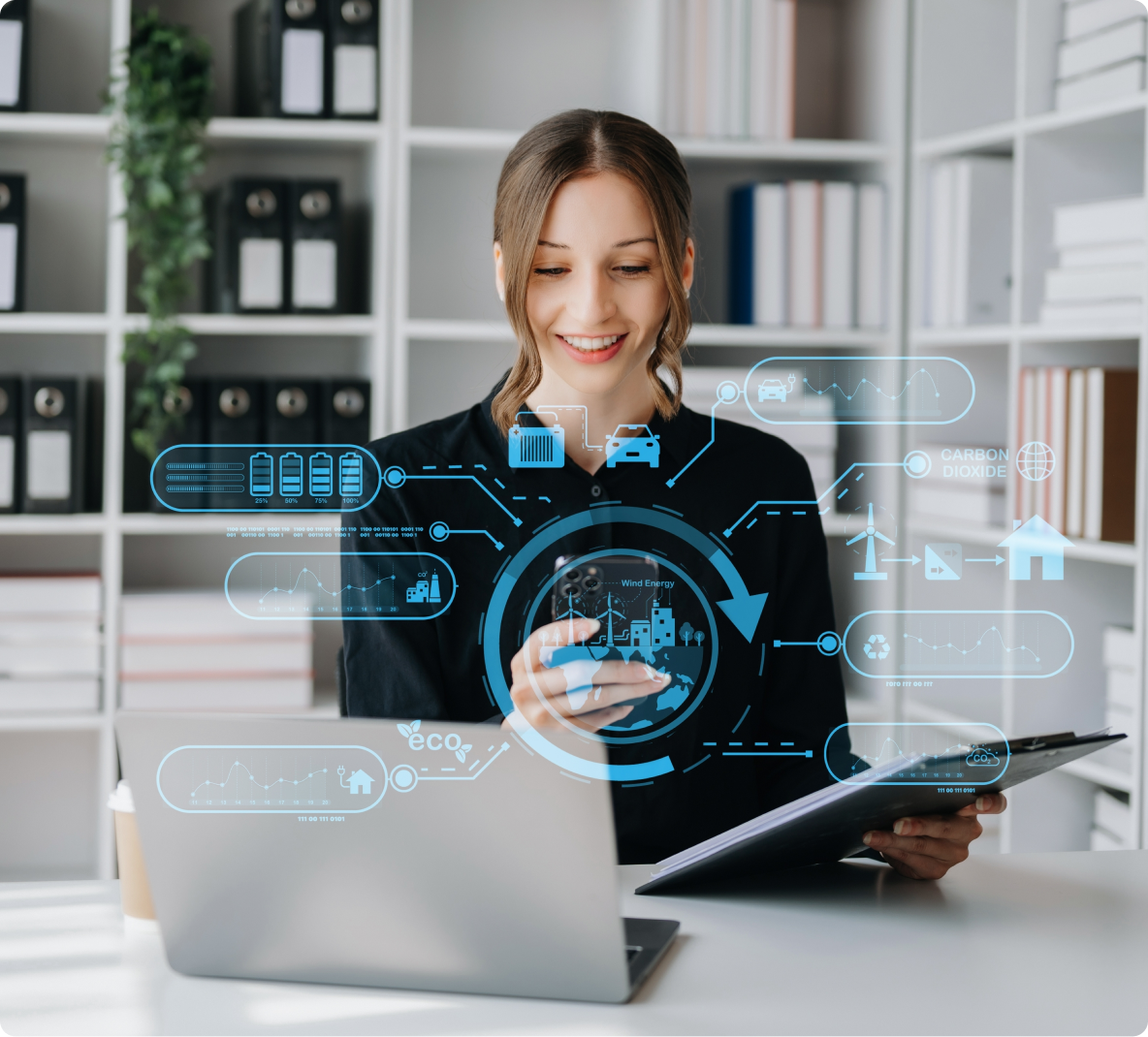 Businesswoman sitting at a desk and working with generative AI in the office. Symbols for connectivity and sustainability appear over her laptop.