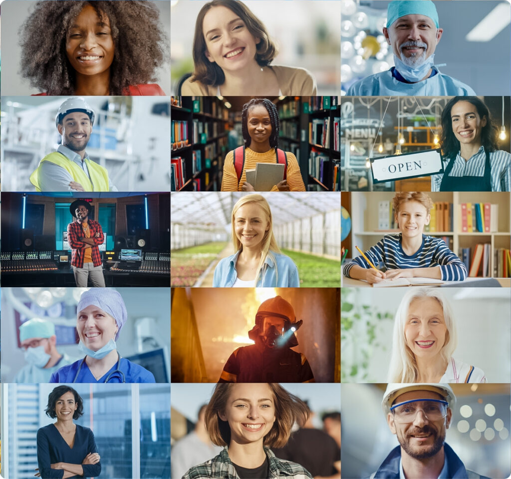 Collection of employee pictures from different fields and ethnicities smiling to the camera